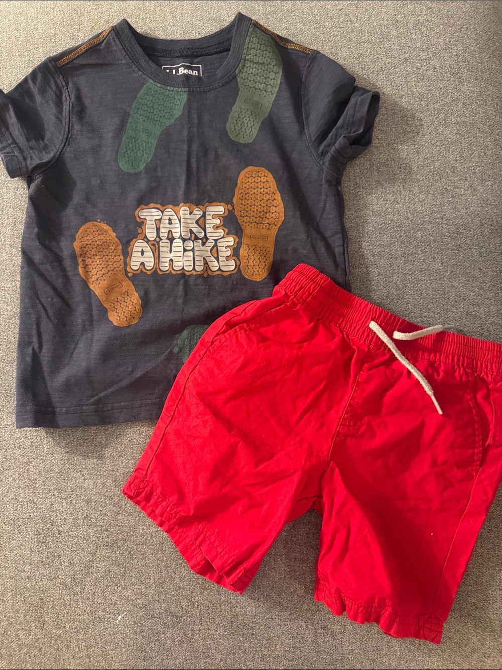 5/$15- L.L. Bean Navy 'Take a Hike' Tee with Red Drawstring Shorts